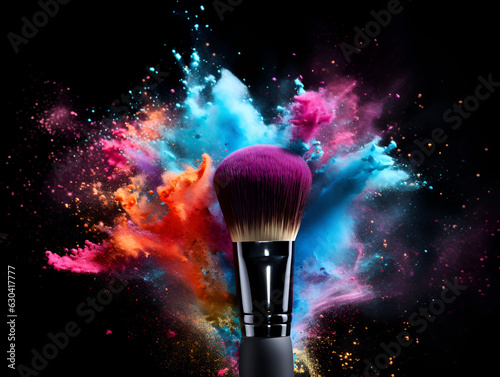 Cosmetic brushes and explosion colorful powders on black background. Make up brush with powder