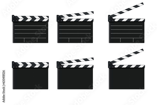 Blank film slate isolated. Opened and closed black blank movie clapper film clap board set.