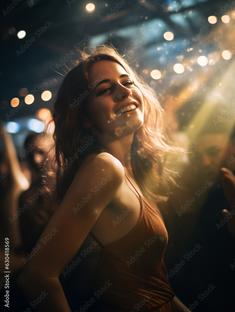 Woman dancing in a nightclub, woman with yellow dress, yellow light, people having fun, party, alcohol, volumetric lights, portrait of a woman, friends, afterwork party, fancy, luxury, rich people