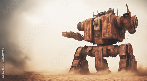 immagine di vecchio possente robot industriale meccanico gigante abbandonato nel deserto in una tempesta di sabbia, vista dal basso photo
