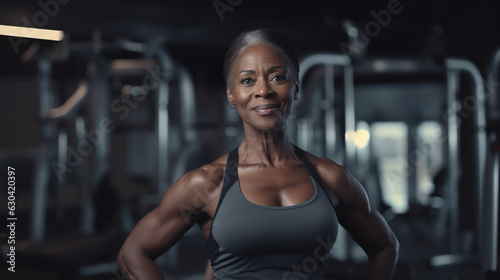 Dark skinned muscular mature woman fitness trainer in gym