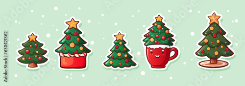 Set of Christmas stickers tree, gingerbread, cocoa mug characters. Vector illustration in cartoon style for Christmas