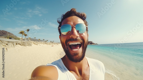 Happy man taking selfie pic at the beach - Traveler guy enjoying freedom outside - Summer vacations and trip concept