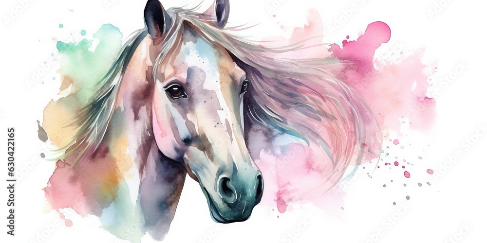 Naklejka premium Watercolor illustration of colorful horse on a farm surrounded by flowers and splashes of watercolor paint
