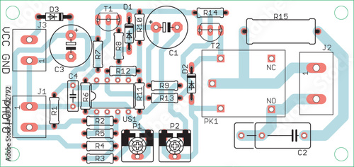 Vector printed circuit board of an electronic 
device with components of radio elements, 
conductors and contact pads placed on it. 
Engineering drawing.