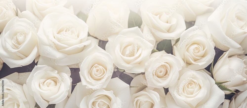 A backdrop of white roses with a soft focus and copy space, perfect for a website header design. A backdrop of white roses with a soft focus and copy space, perfect for a website header design.