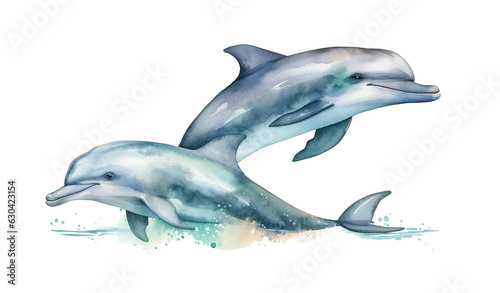 watercolor painting illustration of two dolphin swimming in pastel paint drops isolated on a white background , generative AI