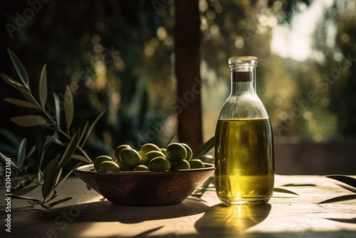 Golden Olive Oil Bottle and Olives on Wooden Table in Green Olive Field - Morning Sunshine Photo