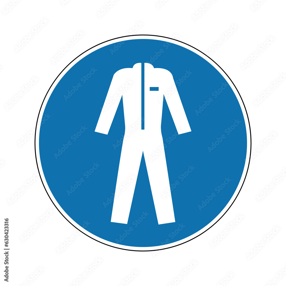 Protective clothing sign. Mandatory sign. Round blue sign. Wear protective clothing. Protective body suit. Protective clothing sign. Mandatory sign. Round blue sign. Wear protective clothing. Protective body suit.