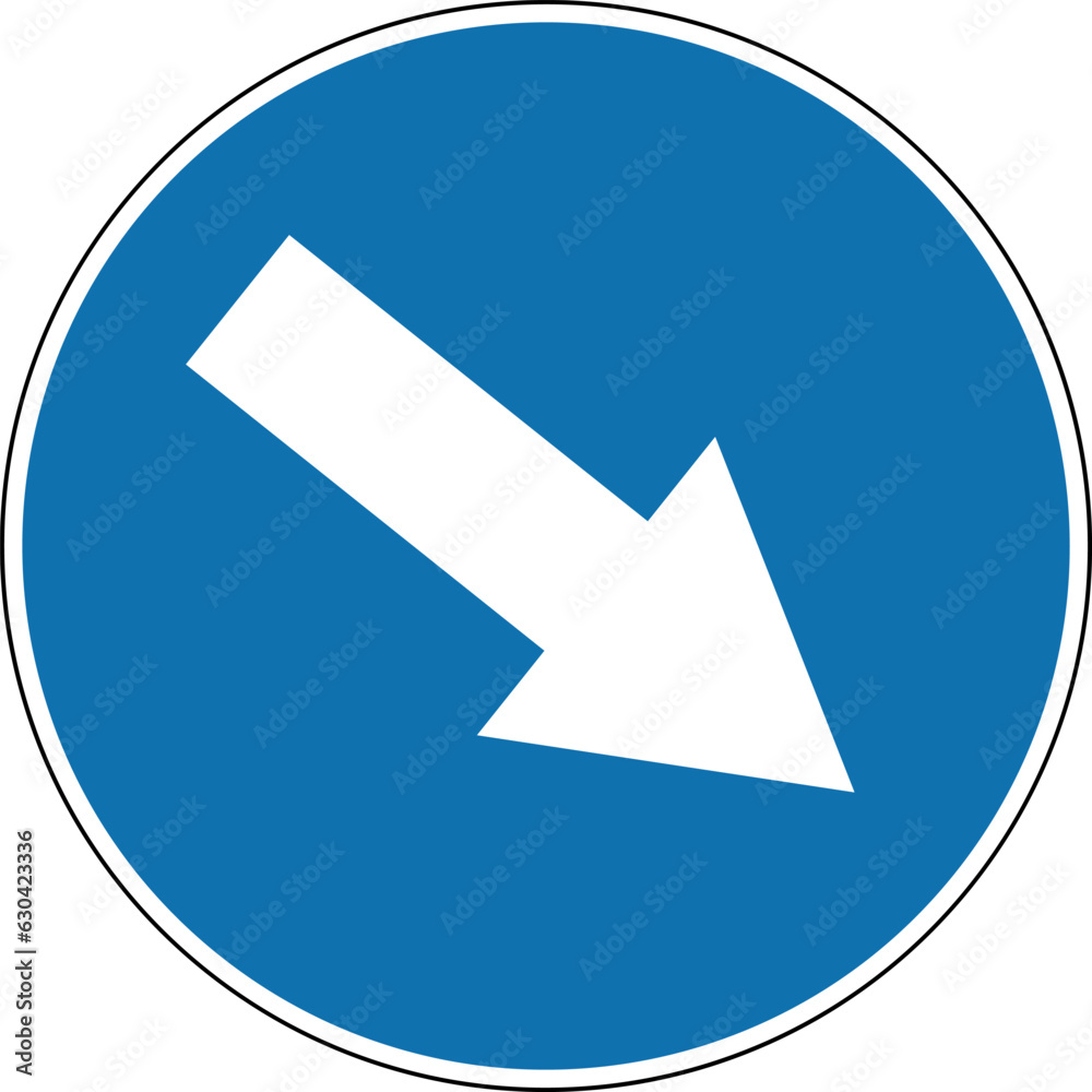 Obstacle avoidance sign on the right side. Mandatory sign. Round blue sign. Detour of obstacles located on the carriageway is allowed on the right side. Road sign. Detour on the right side. Obstacle avoidance sign on the right side. Mandatory sign. Round blue sign. Detour of obstacles located on the carriageway is allowed on the right side. Road sign. Detour on the right side.