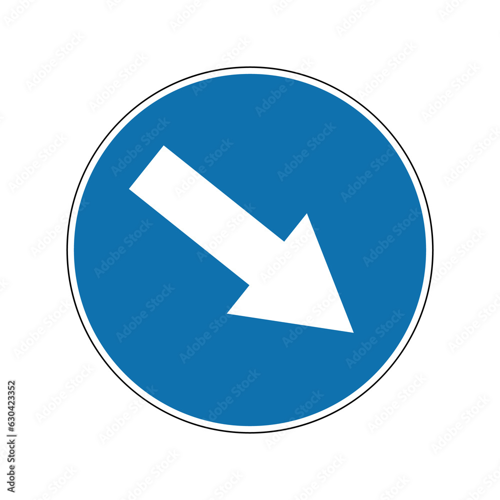 Obstacle avoidance sign on the right side. Mandatory sign. Round blue sign. Detour of obstacles located on the carriageway is allowed on the right side. Road sign. Detour on the right side. Obstacle avoidance sign on the right side. Mandatory sign. Round blue sign. Detour of obstacles located on the carriageway is allowed on the right side. Road sign. Detour on the right side.