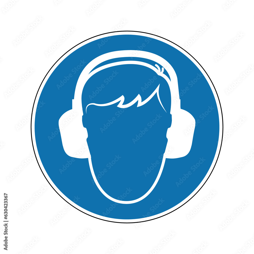 Hearing protection sign. Mandatory sign. Round blue sign. Caution noise, loud sound. Wear earmuffs or ear plugs. Follow the safety rules.
