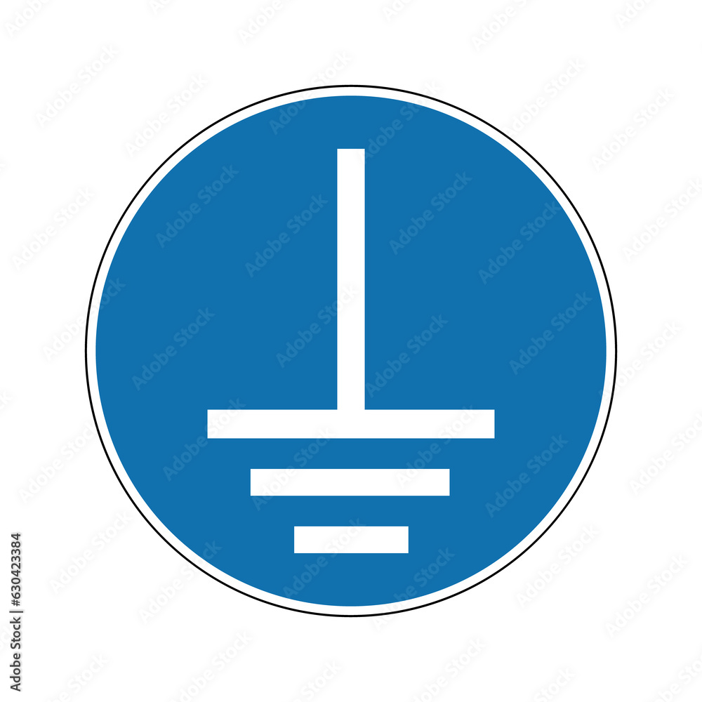 Grounding sign. Mandatory sign. Round blue sign. Connect the ground terminal to ground. Follow