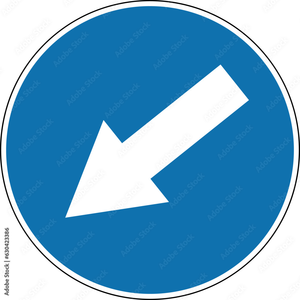 Obstacle avoidance sign on the left side. Mandatory sign. Round blue sign. Detour of obstacles located on the carriageway is allowed on the left side. Road sign. Detour on the left side. Obstacle avoidance sign on the left side. Mandatory sign. Round blue sign. Detour of obstacles located on the carriageway is allowed on the left side. Road sign. Detour on the left side.