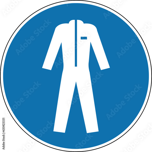 Protective clothing sign. Mandatory sign. Round blue sign. Wear protective clothing. Protective body suit.