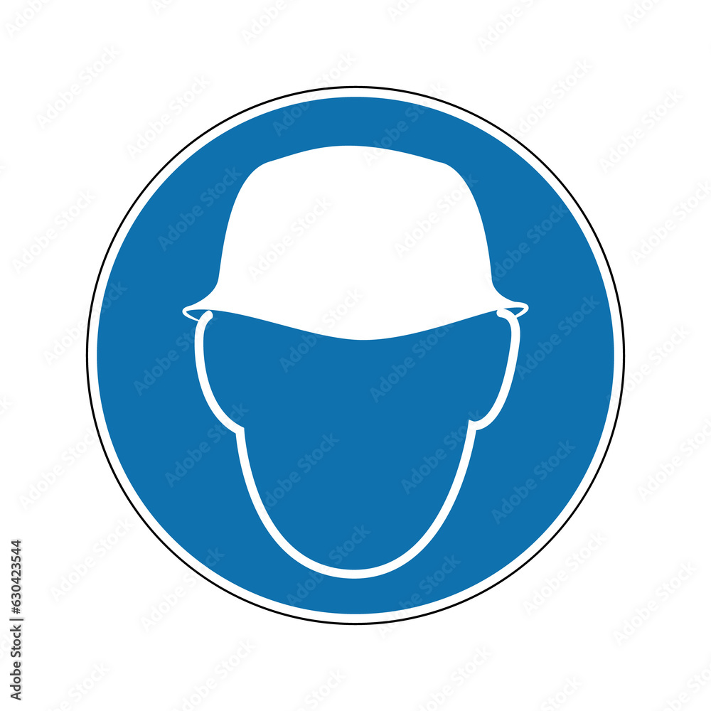 Protective helmet sign. Mandatory sign. Round blue sign. Use a protective helmet. Wear a helmet to protect your head from injury. Follow the safety rules. Protective helmet sign. Mandatory sign. Round blue sign. Use a protective helmet. Wear a helmet to protect your head from injury. Follow the safety rules.