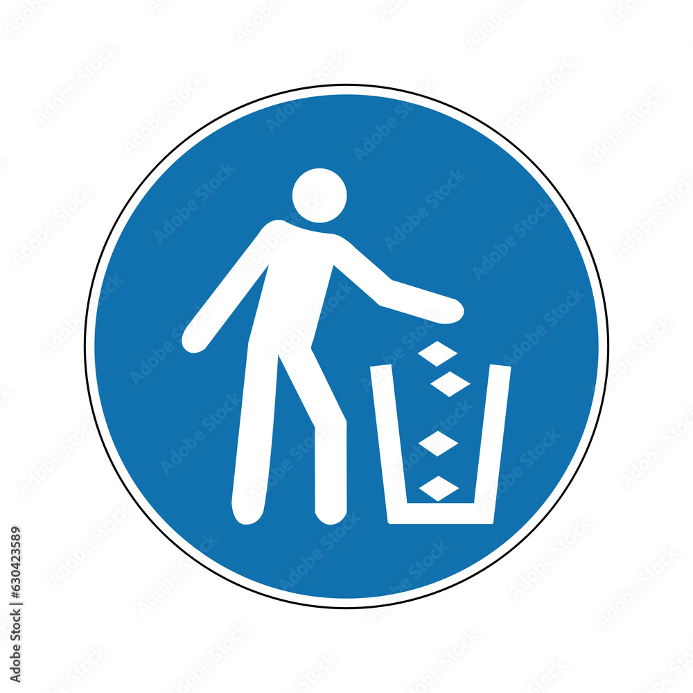 Do not litter sign. Mandatory sign. Round blue sign. Garbage disposal. Keep clean. Use the trash can. Trash tank. Do not litter sign. Mandatory sign. Round blue sign. Garbage disposal. Keep clean. Use the trash can. Trash tank.