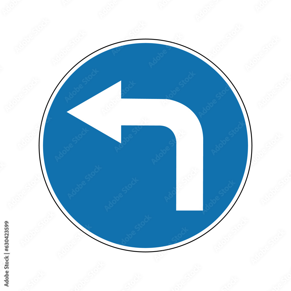 Left turn sign. Mandatory sign. Round blue sign. Left turn. Sign allows movement only to left. Road sign. Left turn sign. Mandatory sign. Round blue sign. Left turn. Sign allows movement only to left. Road sign.