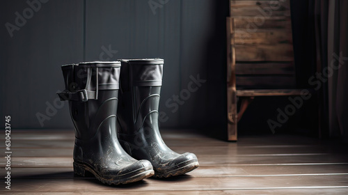 rubber boots on old wooden background. generate ai