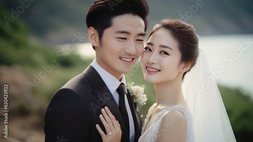 Amazing smiling korean wedding couple. Pretty bride and stylish groom. photo