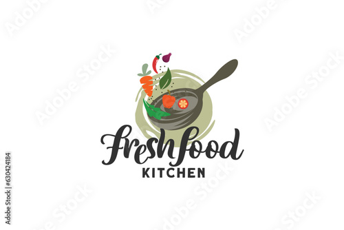 Fresh food kitchen logo with a combination of a frying pan or wok and vegetables. Great for restaurant, cafe, shop, etc.