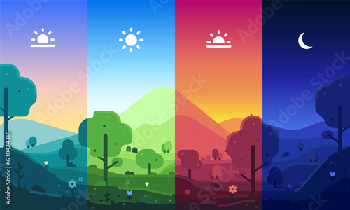 Landscape illustration of four times of day with icons. Dawn, noon, sunset, midnight. Icons of the time of day. Four illustrations in one