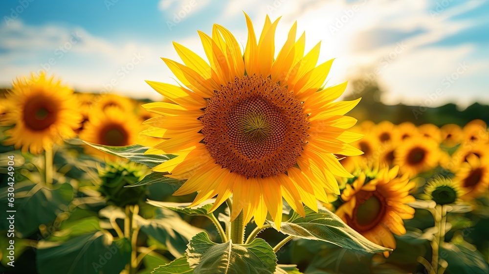 Obraz premium Close-up of a sunflower in a sunflower field, generated by AI