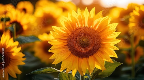 Close-up of a sunflower in a sunflower field  generated by AI
