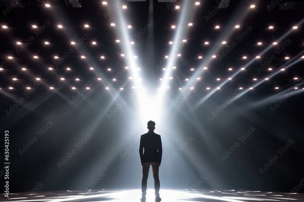 Rear view of silhouette of man standing on the scene among spotlights, generative AI Rear view of silhouette of man standing on the scene among spotlights, generative AI