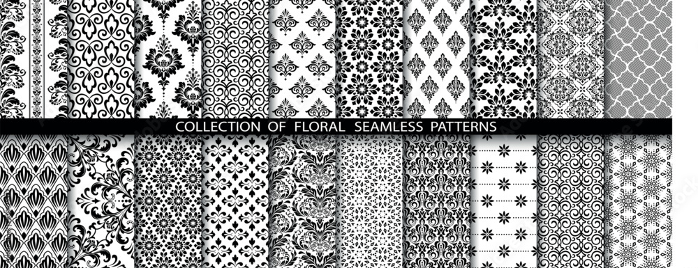 Geometric floral set of seamless patterns. White and black vector backgrounds. Damask graphic ornaments. Geometric floral set of seamless patterns. White and black vector backgrounds. Damask graphic ornaments.