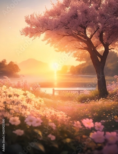 sunset over the lake and flowers