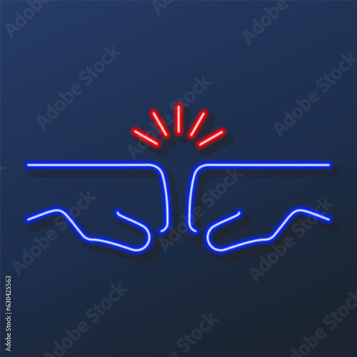 confrontation fist neon sign, modern glowing banner design, colorful modern design trends on black background. Vector illustration.