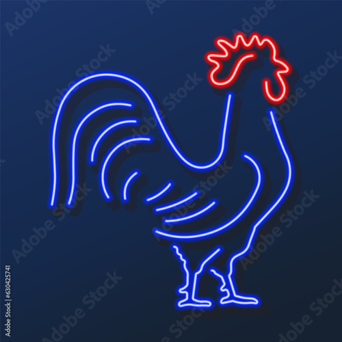 rooster neon sign, modern glowing banner design, colorful modern design trends on black background. Vector illustration.