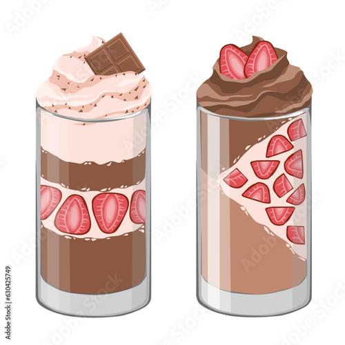 Dessert in a glass. Chocolate, strawberries and cream.
