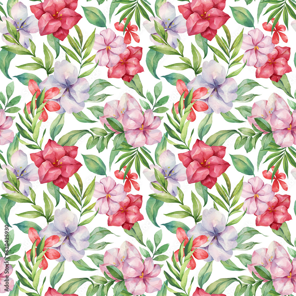 Blooming spring flowers seamless pattern on a white background. Watercolor red hand-drawn flowers on white background for fashion, wallpapers, fabric, textile, packaging paper, and print.