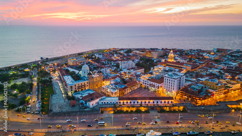 Aerial Sunset Drone Above Cartagena Town Colombia Cathedral Cityscape Beautiful Skyline, HIstorical Landmark of Latin America
