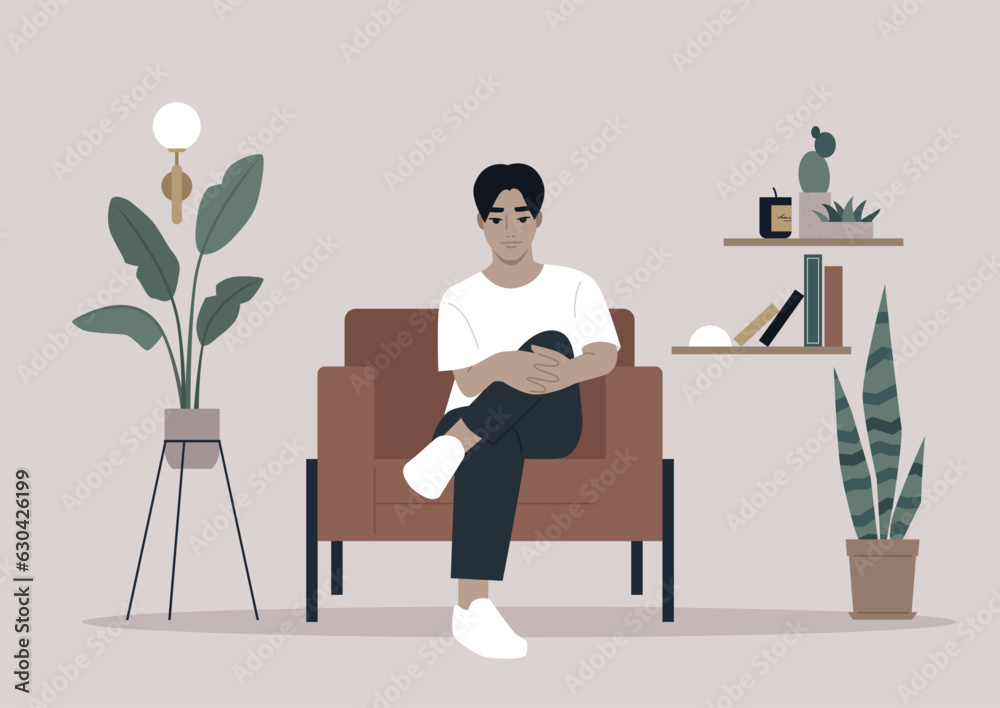 A young Asian character resting in a leather armchair, a relaxed confident pose with two hands holding a knee A young Asian character resting in a leather armchair, a relaxed confident pose with two hands holding a knee
