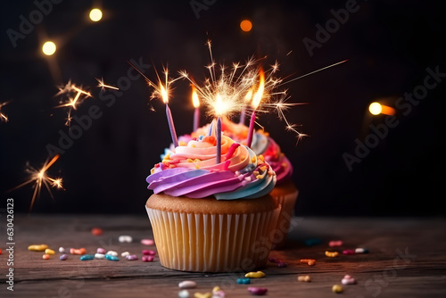 Birthday cupcake with sparklers on wooden background, closeup. AI Generative