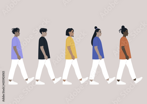 A group of young diverse characters striding in unison as a representation of unity