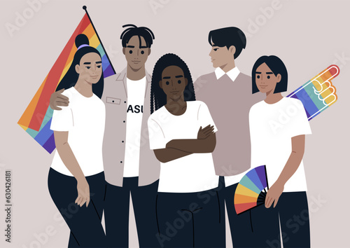 A diverse and inclusive LGBTQIA environment is depicted as a group of young characters adorned with rainbow accessories, embracing each other warmly