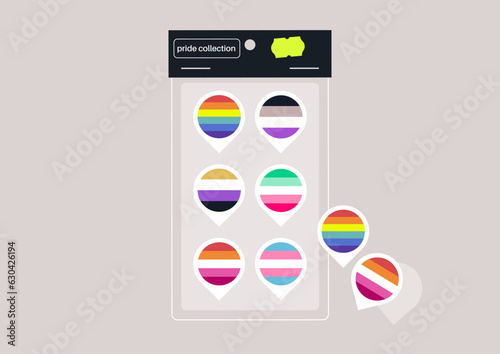 A collection of stickers for Pride month featuring LGBTQ+ flags transformed into map pins