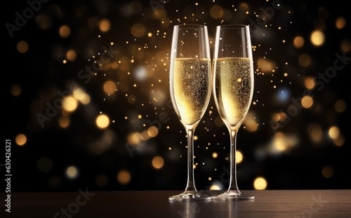 Glasses of champagne with soft lighting on dark background. Generative AI