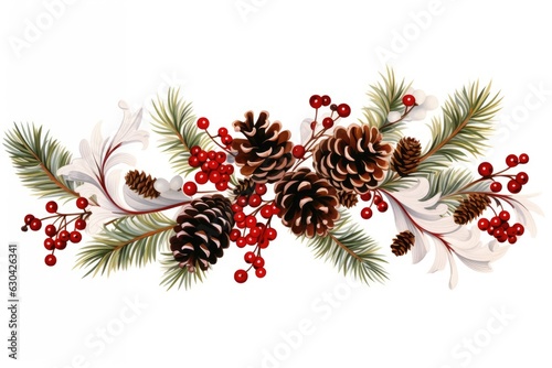 Christmas branch with red berries and pine cones on a white background. Natural decoration. Generative AI