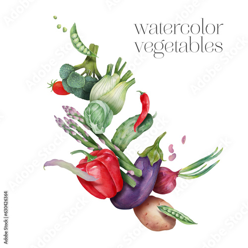 Arrangement of various vegetables. Watercolor colorful vegetable composition for culinary blog, banner, social media post, as ingredients for healthy meals, recipes, printing.