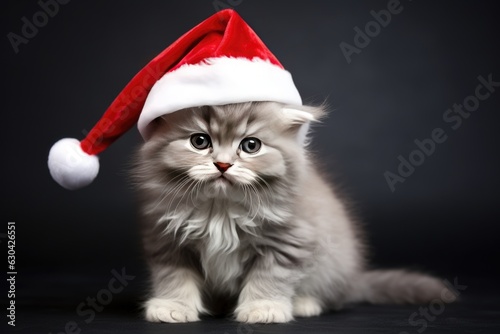 Cute cat wearing a Christmas Hat on a dark background. Generative AI