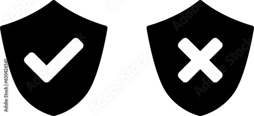 Shield Black and White Safe and Unsafe Security Icon Set with Checkmark and X Cross Signs. Vector Image.