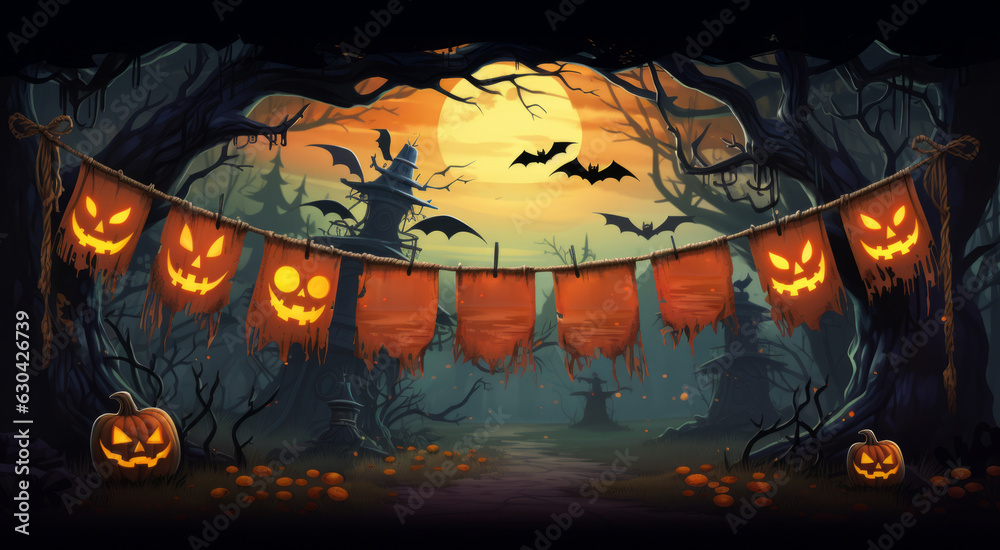 banner Jack O's lantern glows in the moonlight at night. Pumpkins burning in the forest at night in halloween.