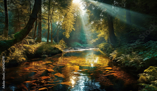 a river runs in the woods, in the style of god rays, environmental activism, sunrays shine upon it, luminous colors, kazimierz dąbrowski, light amber and turquoise, spiritual symbolism © JosiasSilva