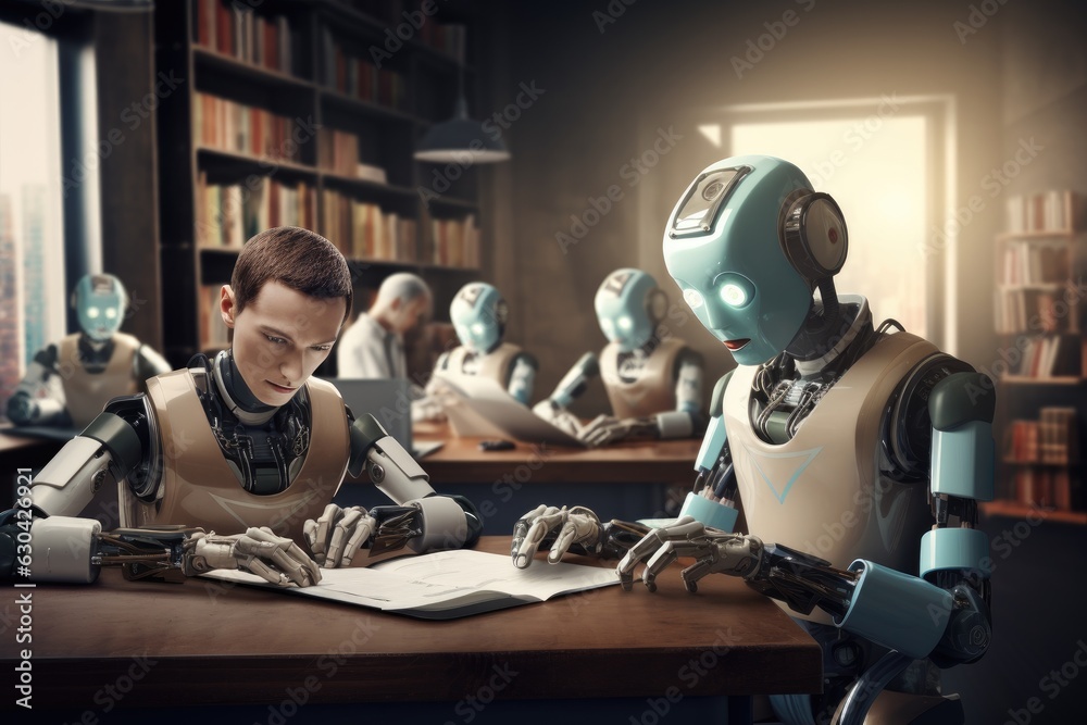 Fototapeta premium Robots learning knowledge from textbooks and write training, Generative Ai
