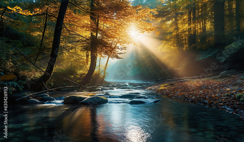 a river runs in the woods, in the style of god rays, environmental activism, sunrays shine upon it, luminous colors